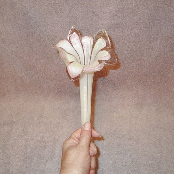 Vtg Hand Blow Art Glass Long Stem Flower 8 Petals Pink Cream Tan Swirl 22" EUC - Picture 3 of 7